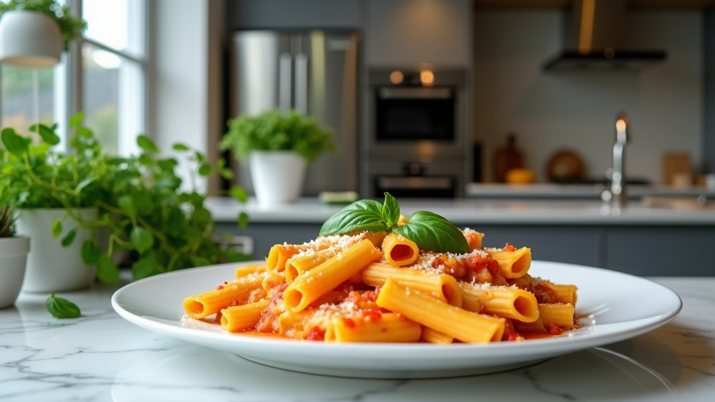 A mouth-watering shot of baked ziti in a modern, sleek kitchen, accentuated by the reflective surfaces of stainless steel appliances and fresh herbs visible in the background.