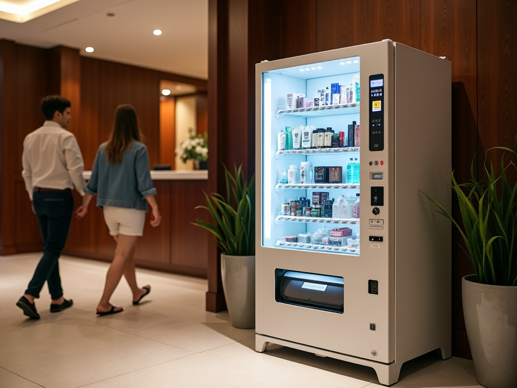 A vending machine in a hotel lobby providing guests with travel-sized toiletries and essential items, designed with sleek minimalist aesthetics.