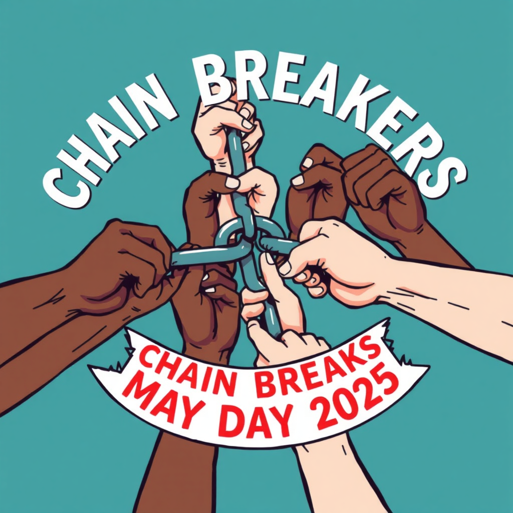 Collective Strength Break: Illustrate multiple diverse hands gripping and collectively pulling apart a central, stressed chain link. Emphasize unity and shared power. 'Chain Breakers May Day 2025' could encircle the image or be a strong banner.