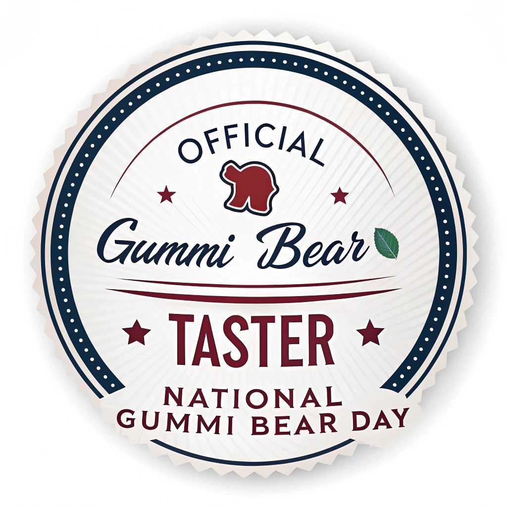 Sub-design idea 1: A circular sticker mimicking an official seal, with 'Official Gummi Bear Taster' in bold, classic lettering. 'National Gummi Bear Day' could be a smaller, curved text element along the edge. Include a small, iconic gummi bear silhouette in the center.