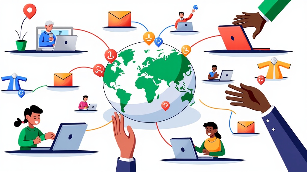 Sub-design Idea 4 ('Global Developer Community & Inclusivity Theme'): Highlight the diverse and global nature of the Microsoft Build community and the collaborative spirit. Iconography could consist of diverse stylized figures, a connected globe, speech bubbles forming a network, or hands of different tones shaking/collaborating. Spot illustrations might show small groups of diverse developers learning or coding together (in person or remotely), a world map with connected points representing developers, or visuals celebrating different perspectives that lead to innovation.