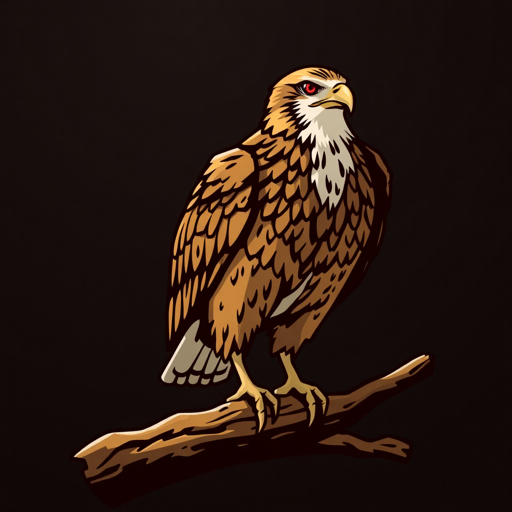 The image is a digital illustration of a bird of prey, specifically a hawk, perched on a branch. The bird is facing towards the right side of the image, with its head turned slightly to the left. It has a brown body with white and black markings on its wings and tail feathers. Its beak is yellow and its eyes are red. The branch it is perched on is brown and appears to be bare. The background is black, making the bird stand out.