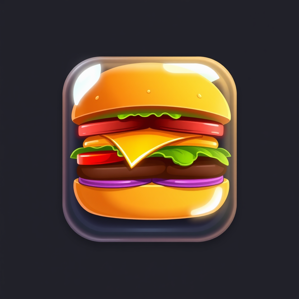 A semi-transparent hamburger icon with cartoonish light glares that show the different ingredients.