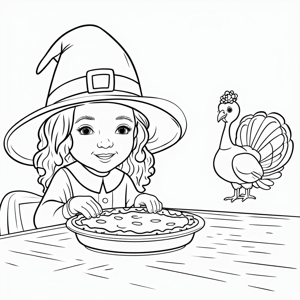 A delightful scene of a young girl wearing a pilgrim hat, happily leaning over the table to inspect a freshly baked pumpkin pie, with a turkey doodling in the background.