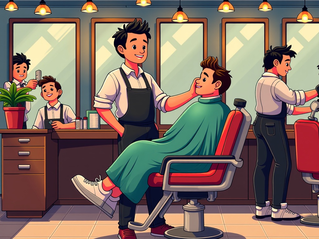  a barber shop with a young man sitting in a red barber chair. He is getting his hair cut by a hairdresser who is standing behind him, holding a pair of scissors and a comb. The barber is wearing a white shirt and black apron and is smiling at the young man who is sitting in the chair. There are two other barbers standing on either side of the barber, one of them is holding a trimmer and the other is cutting the man's hair. In the background, there are mirrors and a counter with a potted plant on it. The overall atmosphere of the shop is bright and cheerful.