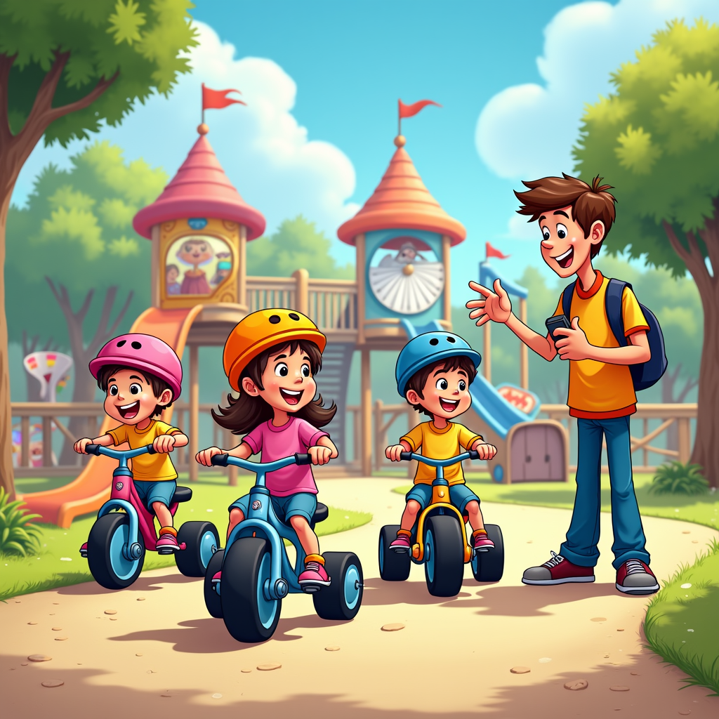 The 'Digital Playground' with Training Wheels: Show social media as an exciting, vast playground. Younger kids are on tricycles with oversized training wheels and helmets, guided by a cheerful 'Playground Monitor.' The monitor explains, 'This amazing playground has some tricky equipment! These training wheels (restrictions) help you explore safely while you grow bigger and learn the rules, so you don't get lost or take a tumble from the 'Viral Video Slide' too soon.'