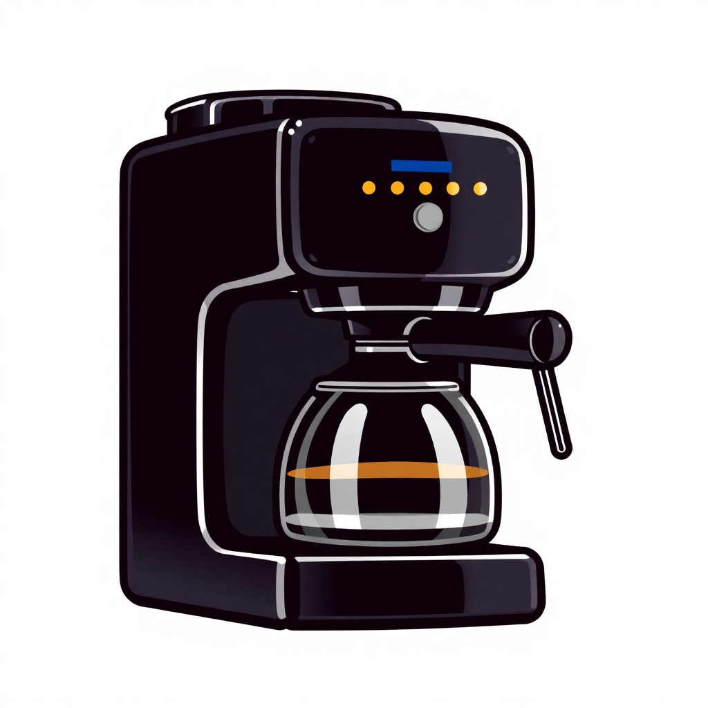 The image is a digital illustration of a black coffee machine. The machine has a sleek and modern design with a large glass carafe on the front and a handle on the right side. The carafe is filled with a dark liquid, which appears to be freshly brewed coffee. On top of the carafe, there is a small control panel with three buttons - one for adjusting the temperature and the other for controlling the flow of the coffee. There is also a small blue button on the top right corner of the machine, which is likely used to control the temperature. The background is white, making the black machine stand out.