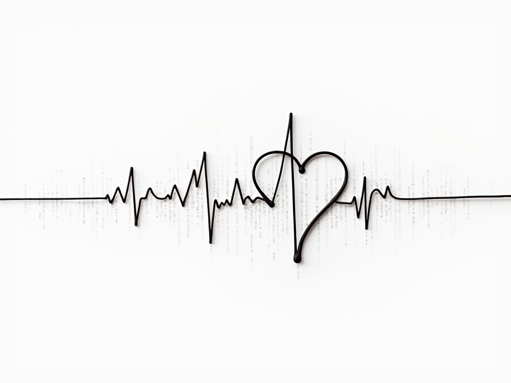Sub-design 1: Binary Heartbeat - An elegant line forming a heartbeat (ECG) subtly interwoven with minimalist binary code (0s and 1s), tracing a gentle, empowering curve.