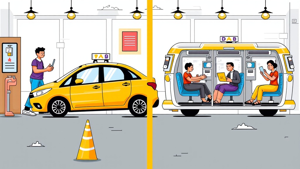 An 'inside-out' perspective: contrast the interior passenger experience. One panel shows the typical interior of an old taxi (meter, driver, limited space). The other panel showcases a robotaxi interior (spacious, personalized screens, interactive elements, focus on passenger comfort/productivity).