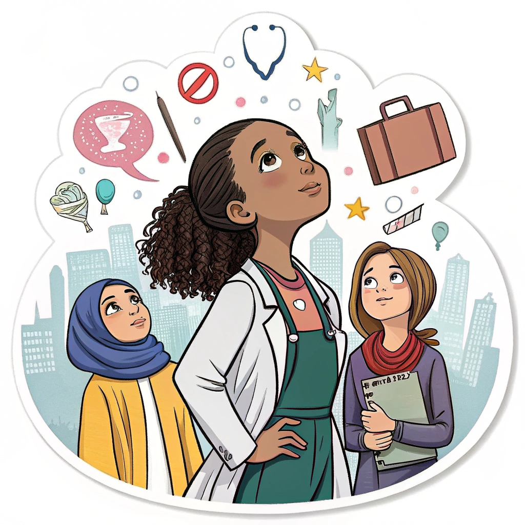 An image of a young girl looking up at a group of diverse, successful women who are mentors. The background could show a cityscape with symbols of different professions.