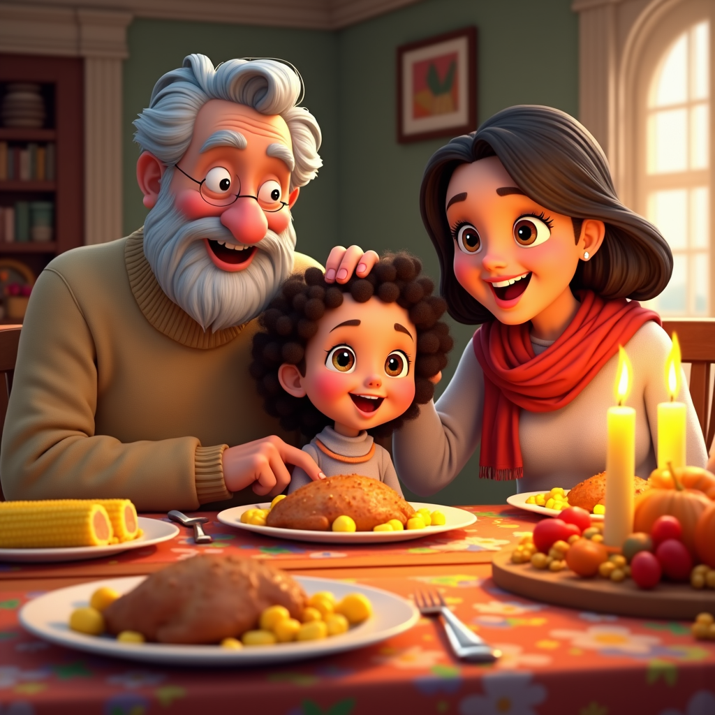 A festive cartoon table setting for Thanksgiving, complete with decorative napkins and a centerpiece of burning candles. Plates are filled with creamy corn casseroles and slices of glazed turkey. Animated guests, including a grandfather patting a young girl on the head while her mother adjusts her red scarf, enjoy the colorful atmosphere, showcasing intergenerational love.