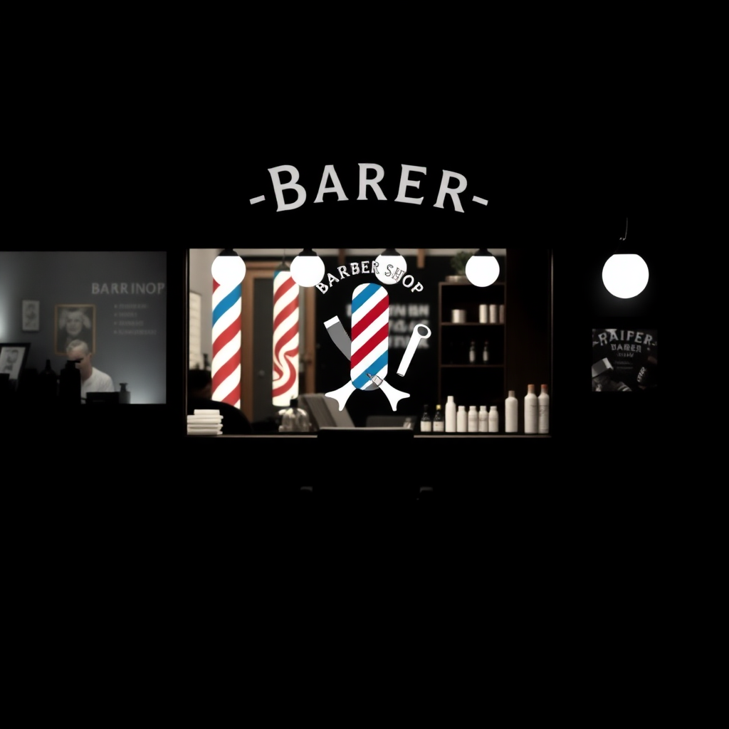 The image is a digital illustration of a barber shop. The shop has a black background with the word BARBER written in white capital letters at the top. Below the word, there is a large window with a red and white striped barber pole and a pair of scissors. On the right side of the window, there are shelves with various barber products such as shampoo, conditioner, and conditioner bottles. There are also two pendant lights hanging from the ceiling. The overall aesthetic of the shop is modern and minimalistic.