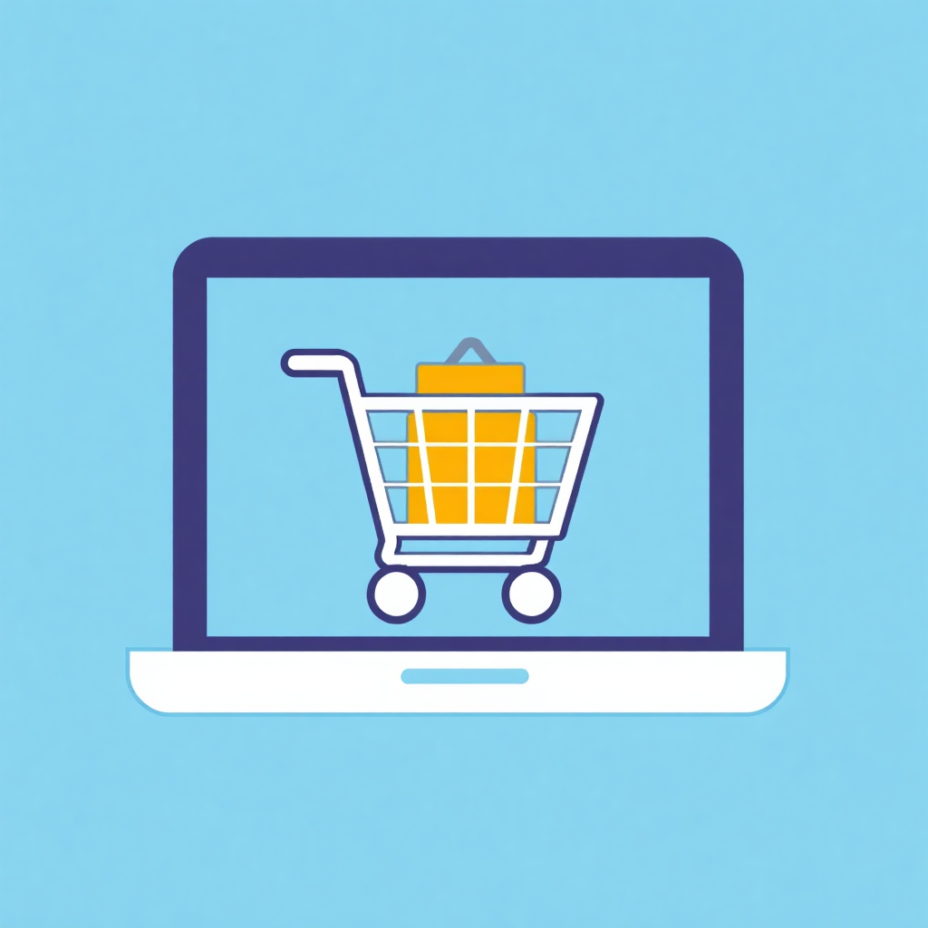 The image is a graphic illustration of a laptop with a shopping cart on the screen. The laptop is in the center of the image and the background is a light blue color. The shopping cart is yellow and has a handle on the right side. It appears to be filled with a yellow shopping bag. The image is simple and minimalistic, with no other elements or decorations.