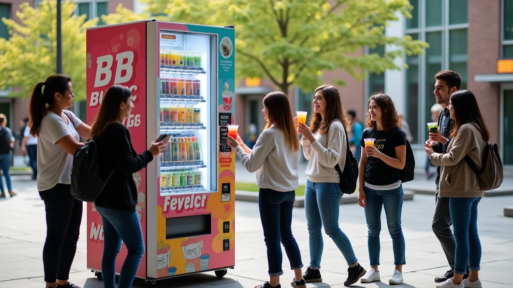 A vending machine on a university campus, dispensing bubble tea and various flavored beverages, frequently visited by students between classes.