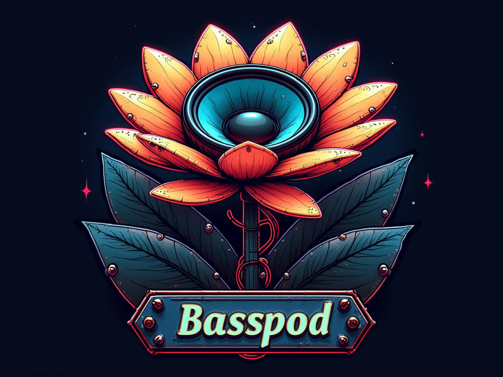 Mecha-Bloom Speaker Hybrid: A mechanical flower design where petals are speaker cones, or the center is a large subwoofer. Features metallic textures, rivets, wires, and glowing neon accents. 'Basspod' appears as a futuristic manufacturer's plate.