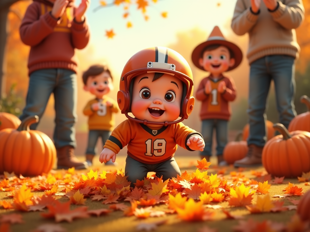 A toddler in a tiny football uniform toddling through a pile of leaves, being cheered on by family who are enjoying a Thanksgiving day.