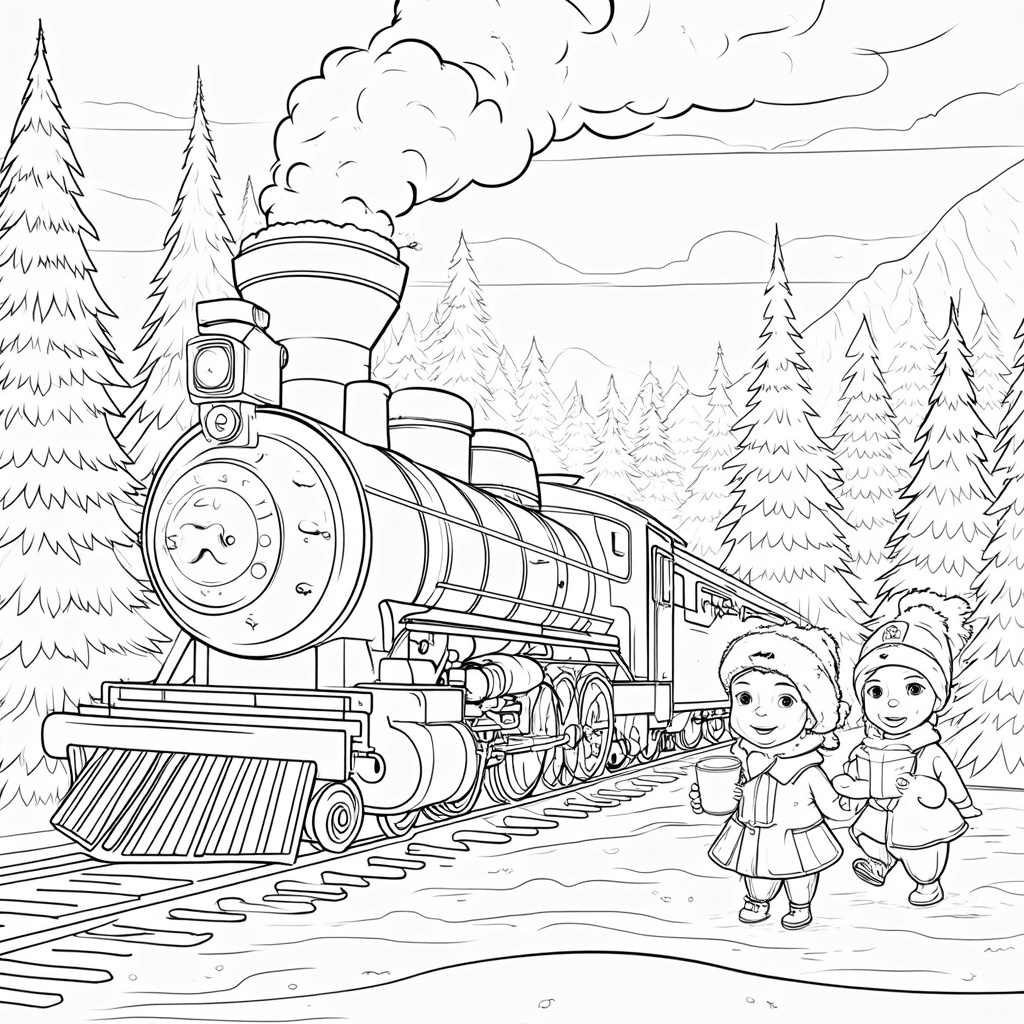 The image shows a sketch of a train on a railway track with two children standing beside it, surrounded by trees and mountains in the background. Smoke is billowing from the engine of the train, and the sky is filled with clouds.