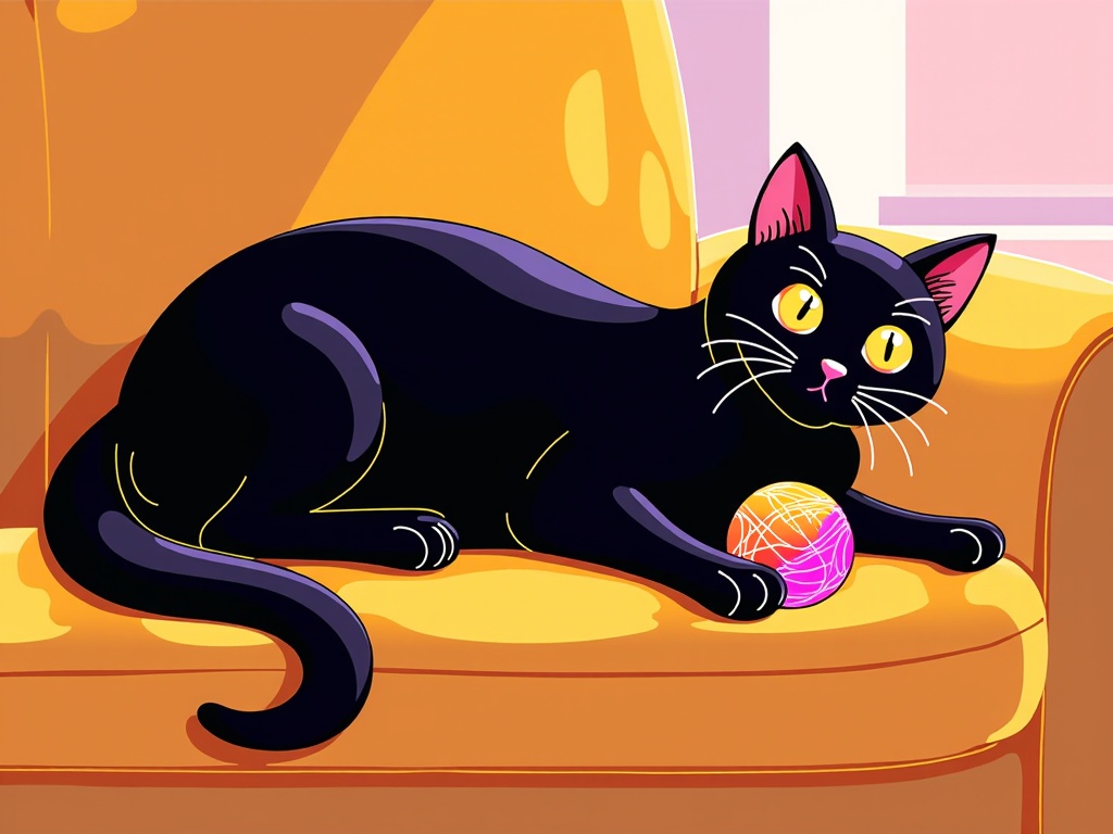 The image is an illustration of a black cat lying on an orange armchair. The cat is lying on its side with its body stretched out and its head resting on the armrests of the chair. It has yellow eyes and pink ears, and its tail is curled around its body. In front of the cat, there is a pink and orange ball of yarn. The background is a light pink color, and the overall style of the illustration is cartoon-like.