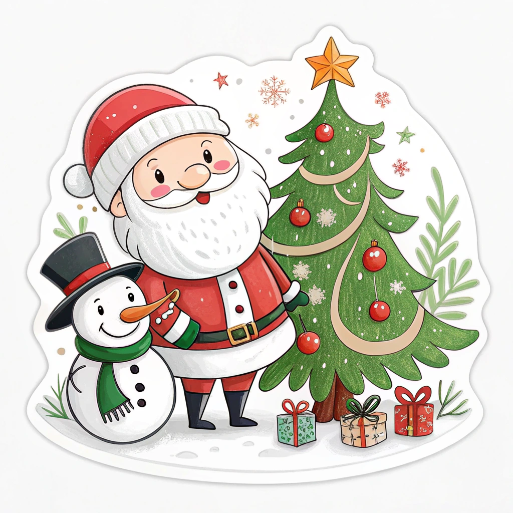 The image shows a cartoon picture of Santa Claus and a snowman standing in front of a Christmas tree adorned with gift boxes and a star on top. The background is white, creating a festive atmosphere.