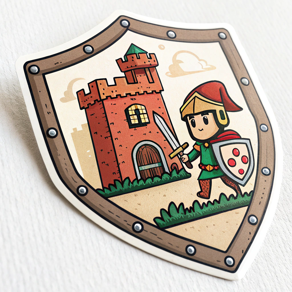 Pixel Art Fortress Shield: A retro-style sticker using pixel art to create a robust, fortress-like shield. It could feature a pixelated lock icon or a small digital guardian figure, appealing to a tech-savvy and nostalgic audience.