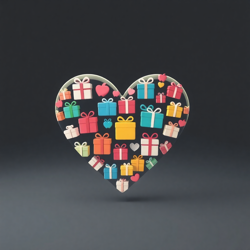 A heart shape formed by a collection of small gift box icons.