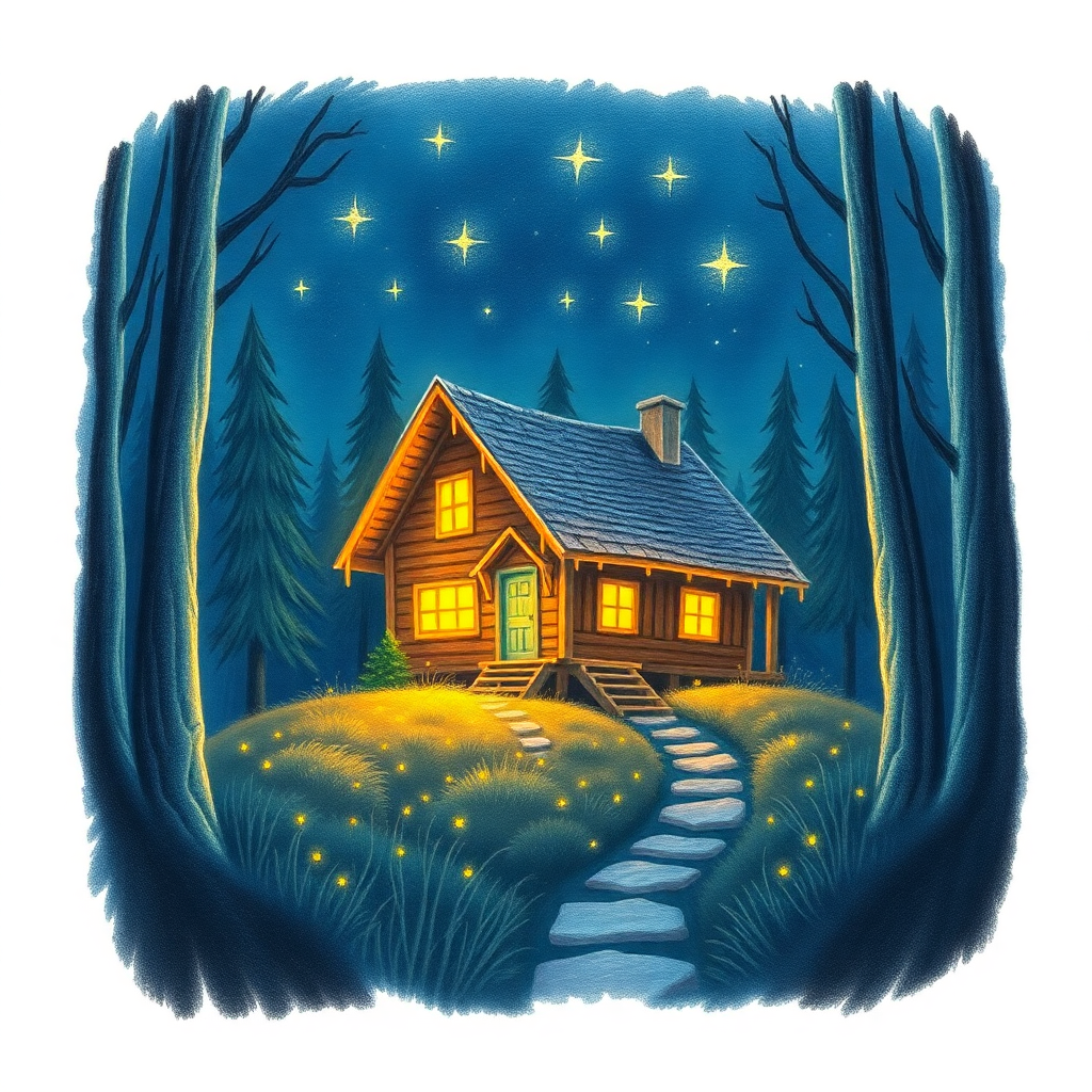 A nighttime forest scene with a glowing house, featuring fireflies and stars, employing soft, shaded pencil work and a few pops of color for the light sources.