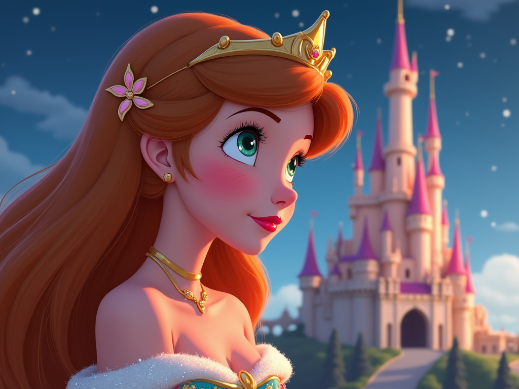 A close-up of a princess's face with rosy cheeks and long lashes, looking up with a dreamy expression, and a small, detailed castle in the background, peeking over her shoulder.