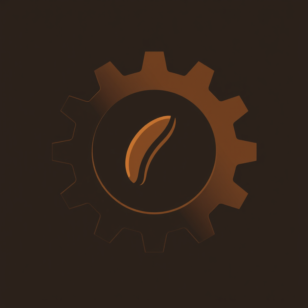 A gear silhouette combined with a coffee bean shape integrated into its center or as one of its teeth, nodding to the fuel for the 'grind'.