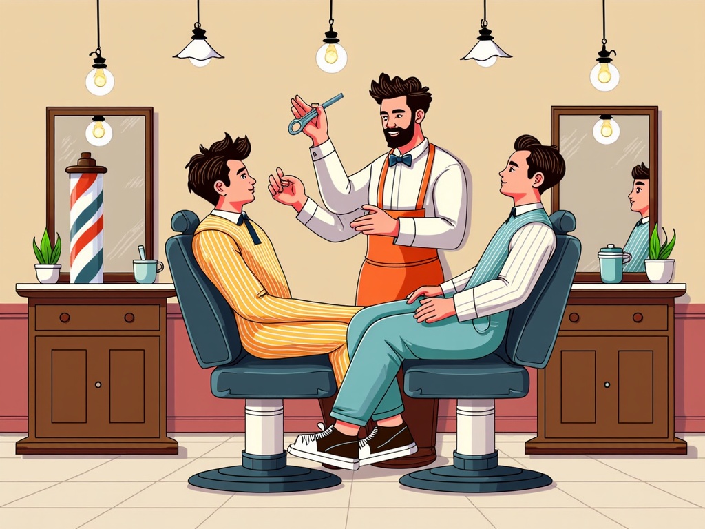  a barber shop with three men sitting in the chairs. The barber is standing behind the barber, holding a pair of scissors and a comb. He is wearing an orange apron and has a beard. The two men are sitting on the chairs, one is wearing a yellow striped shirt and the other is wearing blue jeans. They are both looking at each other and appear to be engaged in a conversation.  In the background, there is a barbershop counter with a red and white striped barber pole and a mirror. There are also two potted plants on either side of the counter. The walls are painted in a light pink color and there are several hanging light fixtures. The overall atmosphere of the image is relaxed and casual.