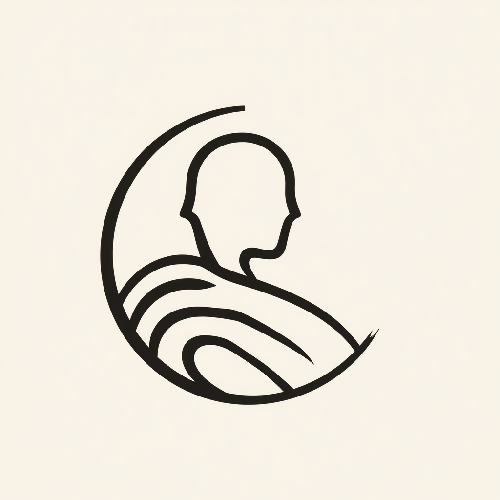 Intertwined Forms: An abstract logo where bold lines forming a partial human silhouette and lines suggesting a section of a grindstone are interwoven seamlessly, creating a single, unified, and modern mark. This highlights the inseparable nature of the founder and their dedication.