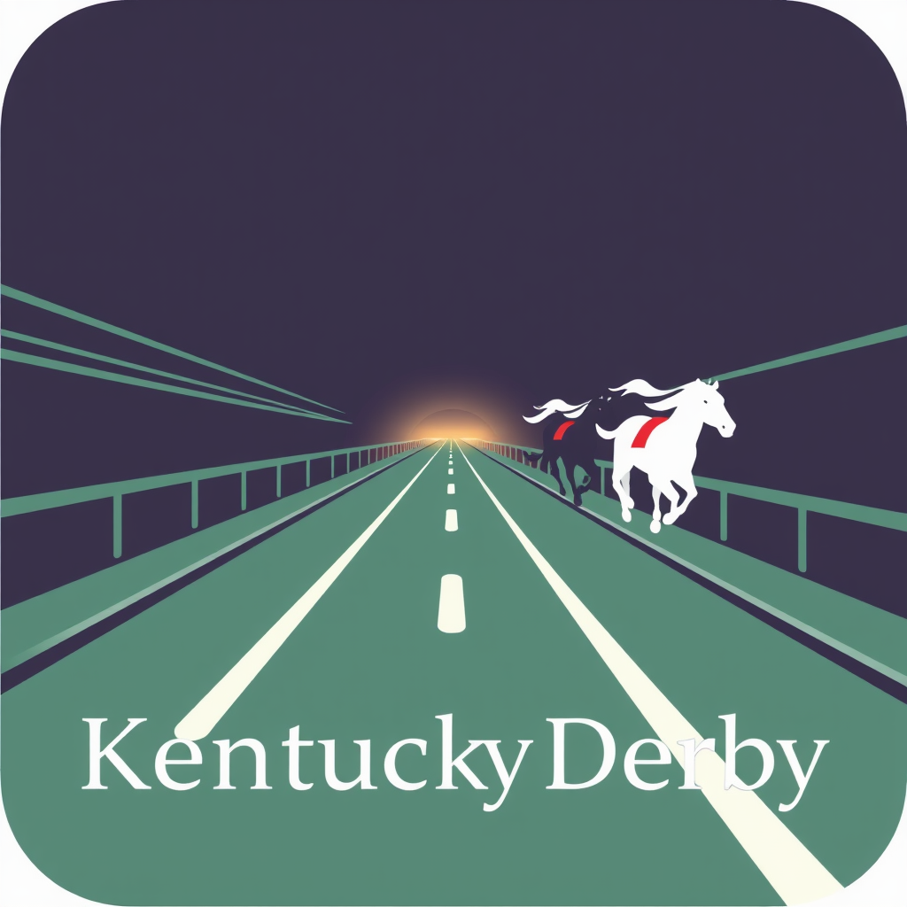 A dynamic, forced-perspective view of a section of the racetrack leading towards a stylized, glowing finish line. Incorporate abstract representations of horses as sleek, arrow-like forms, emphasizing the competitive rush. Typography for 'Kentucky Derby' would be modern and integrated seamlessly.