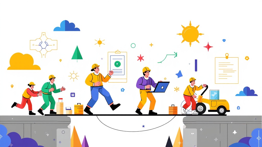 Architects of Tomorrow: Use characters styled as friendly builders or architects (can be humans or anthropomorphic tools). These characters collaboratively construct a metaphorical 'bridge' made of tech components (API blocks, cloud symbols, code strings) spanning from the present to a futuristic, advanced world, built with Microsoft technologies.