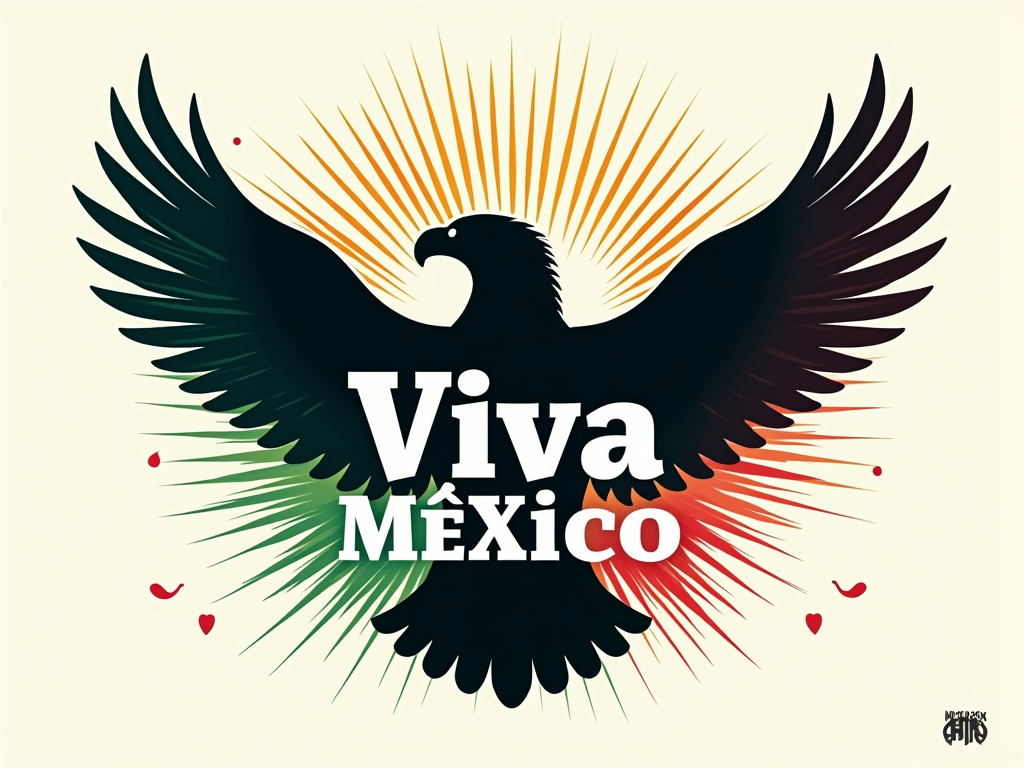 A T-shirt design featuring a bold silhouette of the Mexican eagle from the coat of arms, with its wings spread widely. Behind the eagle, dynamic, festive rays of green, white, and red (Mexican flag colors) burst outwards. The text 'Viva México!' is prominently displayed below or arching above the eagle in a strong, celebratory font. Subtle elements like tiny confetti or chili pepper icons could be scattered lightly in the background.