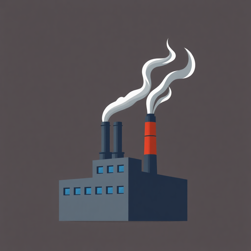 The image is an illustration of a factory building with two chimneys. The building is grey in color and has multiple windows on the front. The chimneys are tall and cylindrical, with a red and orange chimney on top. The smoke from the chimneys is white and billowing upwards. The background is a plain grey color. The image is in a flat, cartoon-like style.