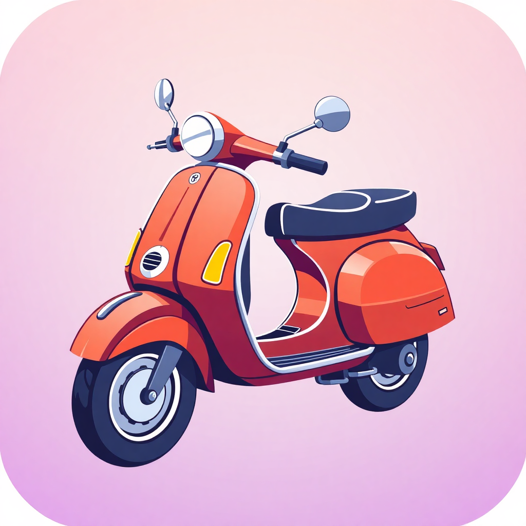 The image is a digital illustration of a red scooter. The scooter has a round headlight and two side mirrors on either side. The body of the scooter is orange with a black seat and handlebars. The wheels are black with silver rims. The background is a light pink color. The overall design is simple and cartoon-like.