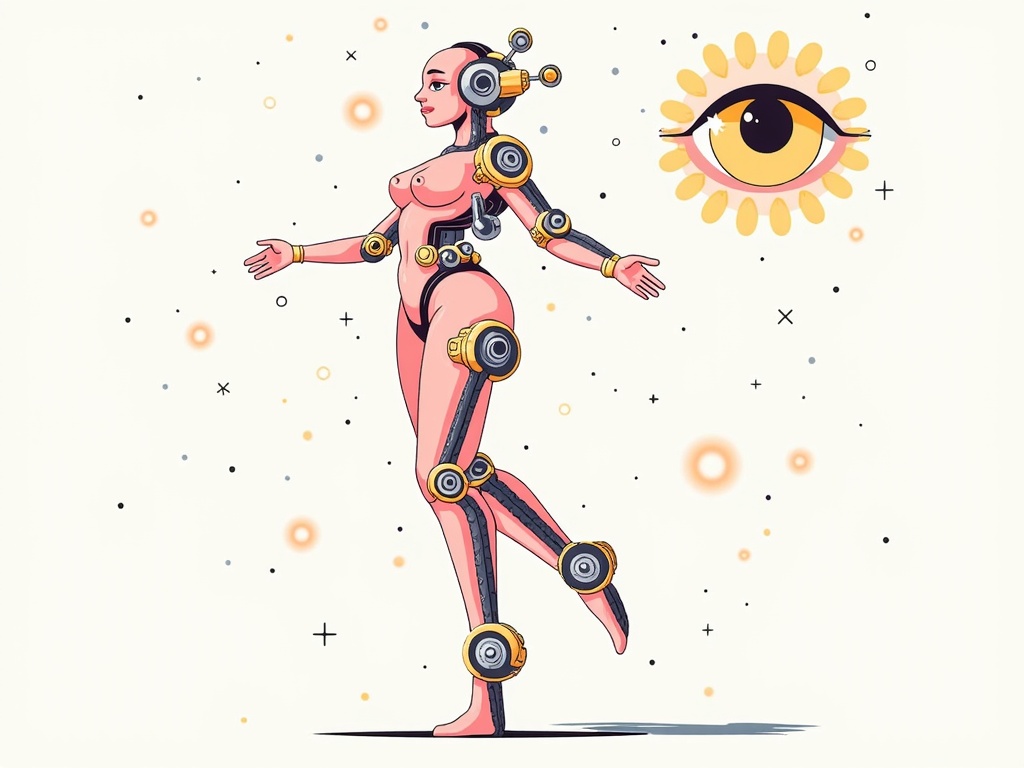 Humanoid Augmentation: Conceptual art of humanoids with elegantly integrated mechanical augmentations, focusing on a harmonious blend rather than overt cybernetics. Example: A dancer whose spine is a series of gyroscopic gears seamlessly merging with flesh, or eyes replaced by complex optical lenses with an organic iris.