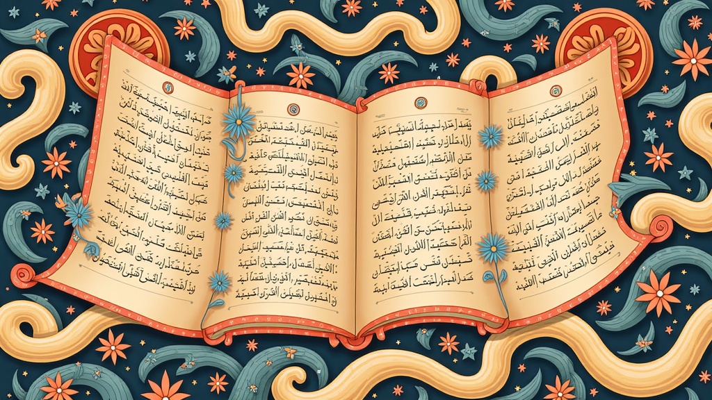 Narrative Scrolls with Dynamic Typography: Illustrations presented as unfurling scrolls, where the story's narrative in Arabic calligraphy is a dominant visual element, flowing around and through the depicted scenes. The typography for the main title and author could resemble ancient manuscript lettering, perhaps with illuminated capitals.