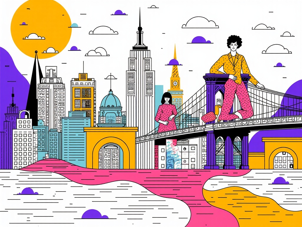 Architectural & Fashion Symbiosis: Abstract illustrations blending iconic New York architectural elements (skylines, bridges, street grids) with abstract fashion forms, suggesting the interplay between the city's structure and its sartorial expressions.