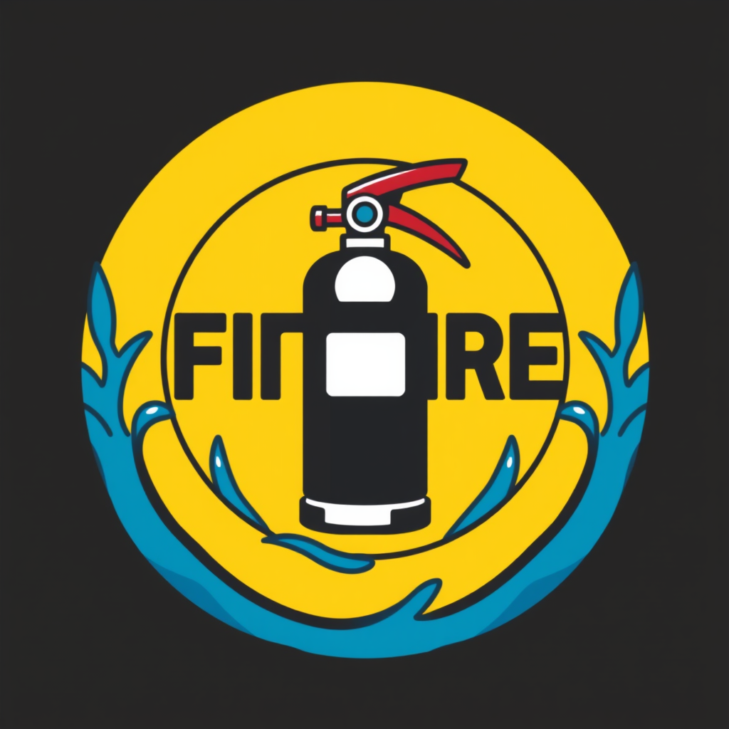 A circular logo with a fire extinguisher in the center surrounded by a ring of water.