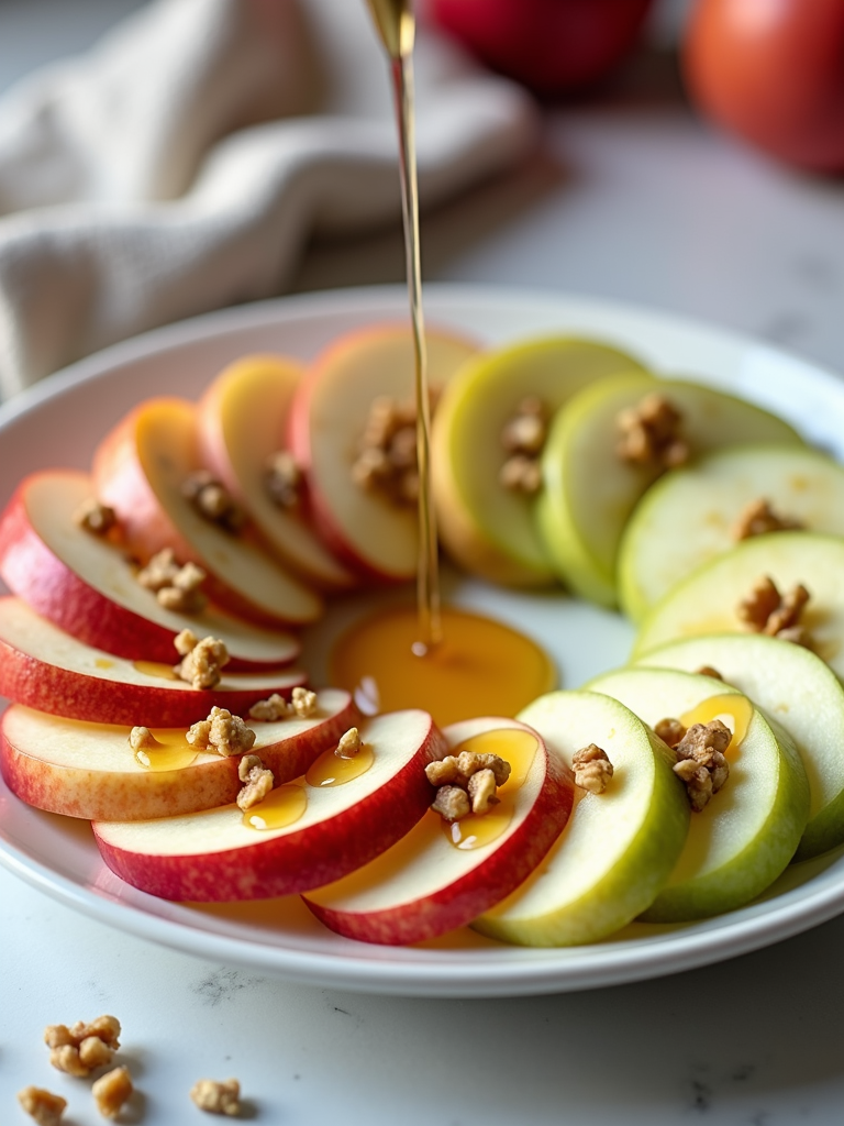 Apple slices arranged in a circular pattern on a white plate, drizzled with honey, and sprinkled with chopped walnuts, creating an elegant and appetizing presentation.