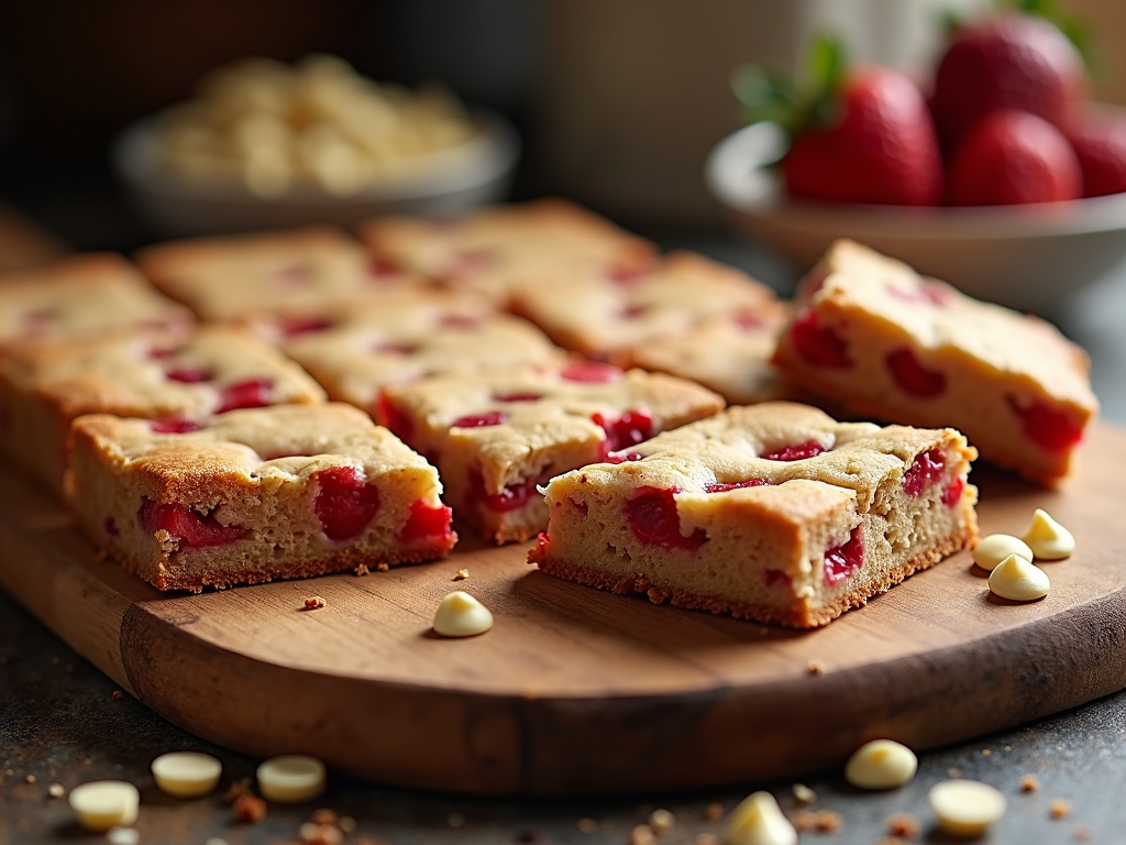 A cookie bar, baked in a sheet, with the strawberry and white chocolate elements evenly dispersed and cut into squares.