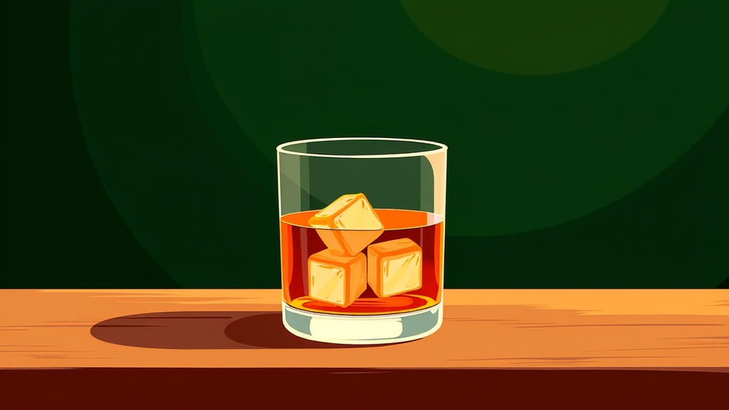 The image is an illustration of a glass of whiskey on a wooden table. The glass is filled with a dark amber-colored liquid and has several ice cubes floating in it. The background is a dark green color with a subtle wave-like pattern. The table has a light brown finish and the overall color scheme is warm and inviting. The overall mood of the image is cozy and inviting, with a sense of sophistication and sophistication.