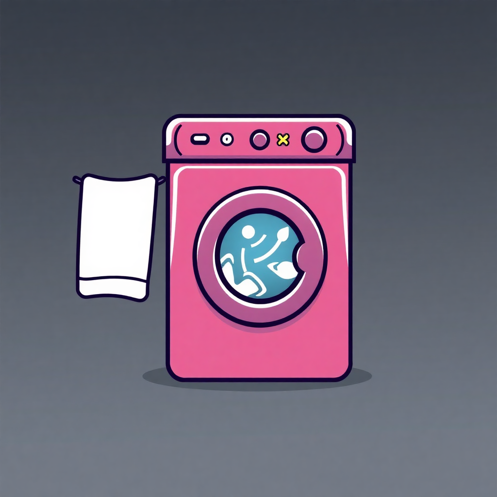 The image shows a pink washing machine with a white towel hanging from it.