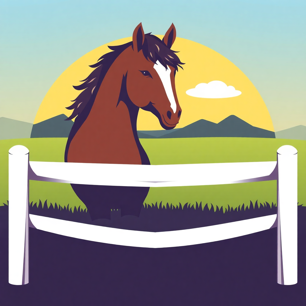 The image is an illustration of a brown horse standing behind a white fence. The horse is facing towards the right side of the image, with its head turned slightly to the left. It has a white mane and tail, and its eyes are looking towards the horizon. The background is a green field with mountains in the distance. The sky is blue with a yellow sun in the top right corner. The overall color scheme is blue, green, and yellow. The image has a peaceful and serene feel to it.