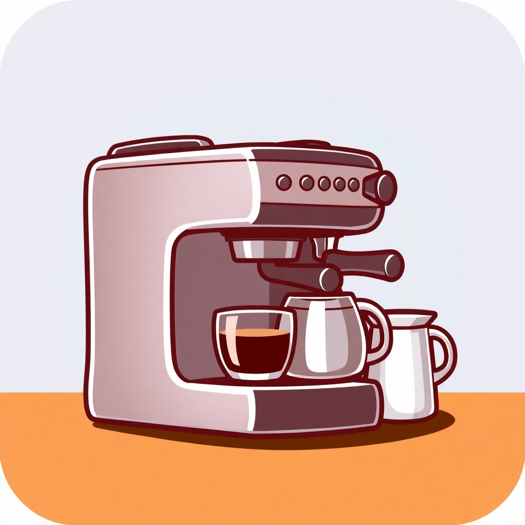 The image is an illustration of a coffee machine. The machine is silver in color and has a sleek design. It has a large spout on the top and a handle on the right side. There are several buttons on the front of the machine, including a power button, a volume control, and a timer. On the left side, there is a cup of coffee with a saucer and a pitcher. The background is a light orange color. The overall style of the illustration is modern and minimalistic.