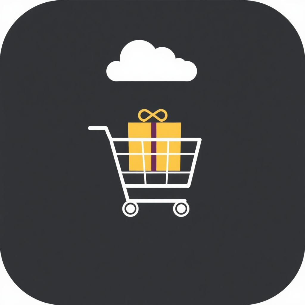 The image is a square icon with a black background. In the center of the icon, there is a shopping cart with a yellow gift box in it. The gift box has a purple ribbon tied around it in a bow. Above the gift box, there are two white clouds. The overall design is simple and minimalistic.