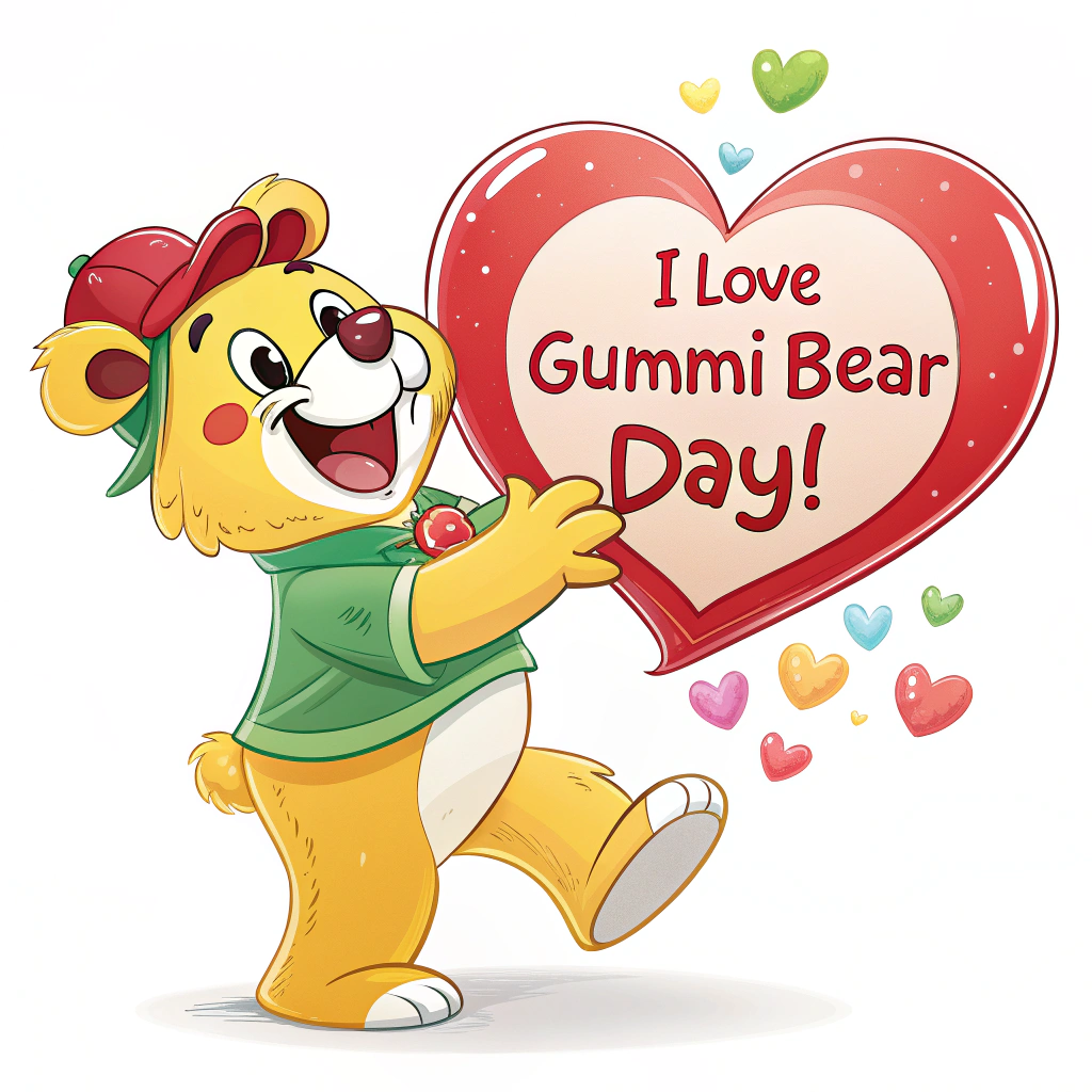 Character & Heart Sticker: A cheerful, colorful gummi bear character, mascot-style, prominently holding a large, distinct 'National Day' style heart. The text 'I Love Gummi Bears' could be written on the heart or nearby, with 'National Gummi Bear Day!' arched festively around the design.
