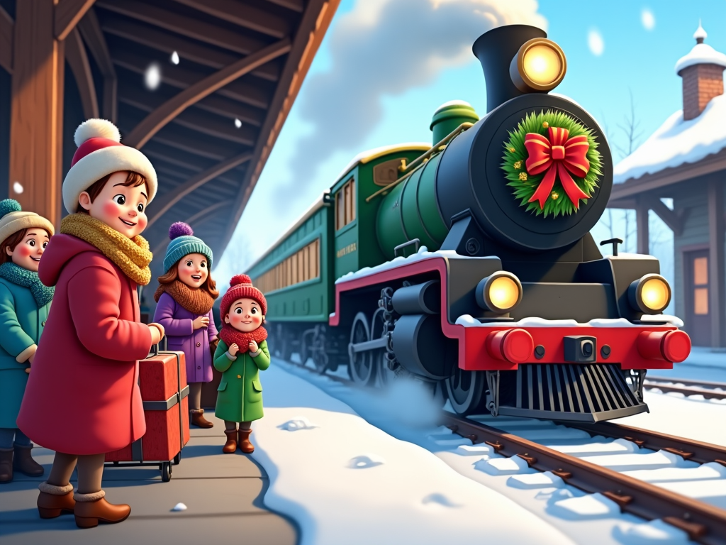 A bustling cartoon train station where travelers, bundled in winter coats, wait to board a Christmas Express. Animated porters load brightly wrapped luggage onto a decorated train with wreaths on its engine. Snow blankets the tracks as the train prepares for a festive journey.