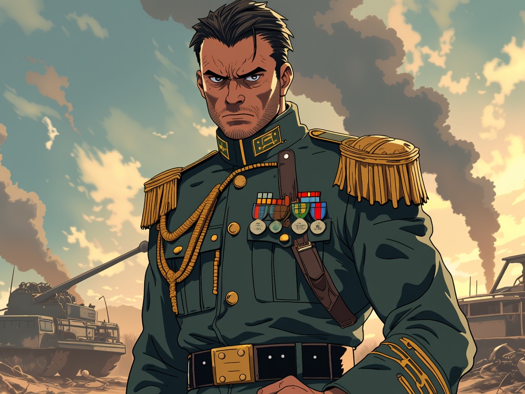 The image is an illustration of a man in a military uniform. He is standing in front of a battlefield with tanks and smoke in the background. The man is wearing a green military uniform with gold epaulettes and medals pinned to his chest. He has a serious expression on his face and is looking directly at the camera. The sky is blue with a few clouds and the sun is setting, casting a warm glow over the scene. The overall mood of the image is tense and ominous.