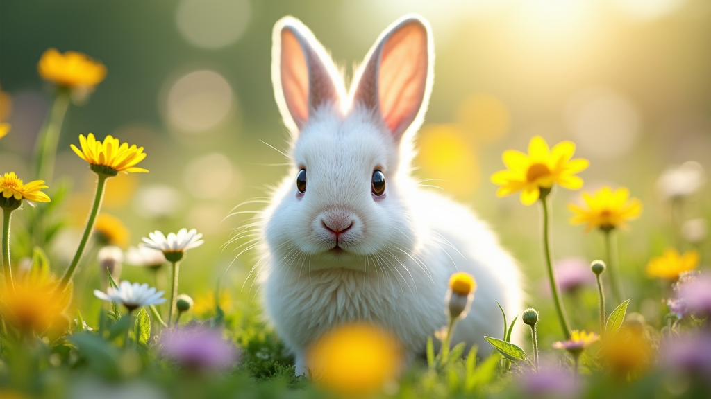 The image is a close-up of a white rabbit sitting in a field of yellow and purple flowers. The rabbit is facing the camera and its ears are perked up, as if it is looking directly at the camera. The background is blurred, but it appears to be a garden or meadow with more flowers and plants. The overall mood of the image is peaceful and serene.